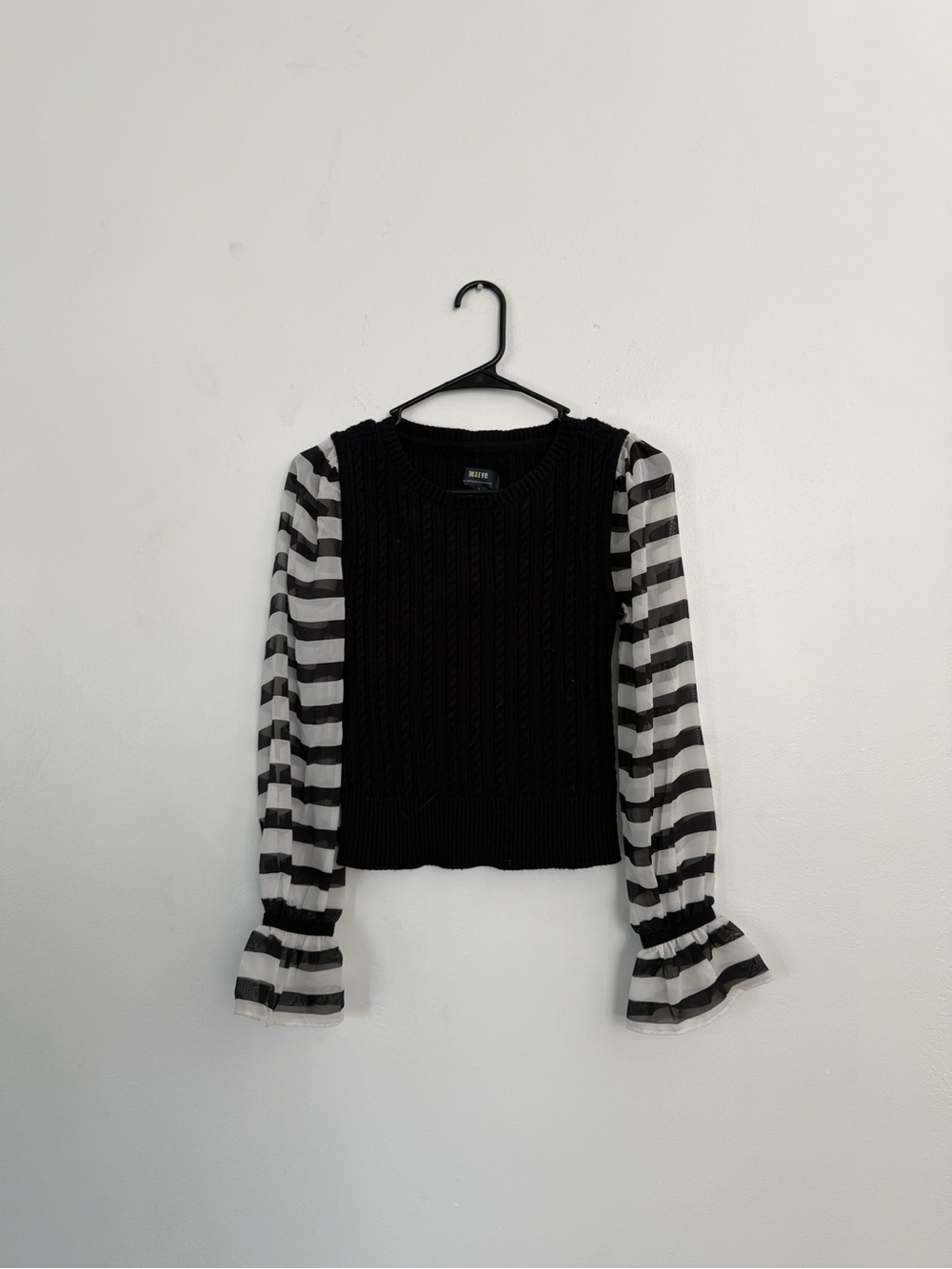 Maeve Black Sweater Tank with Black & White Striped Sheer Sleeves
